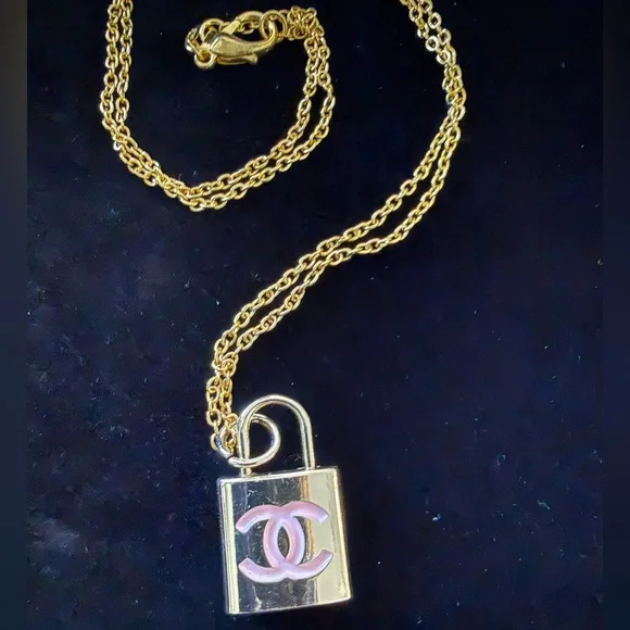 Gold & Pink Lock Charm Necklace - Picture 3 of 5